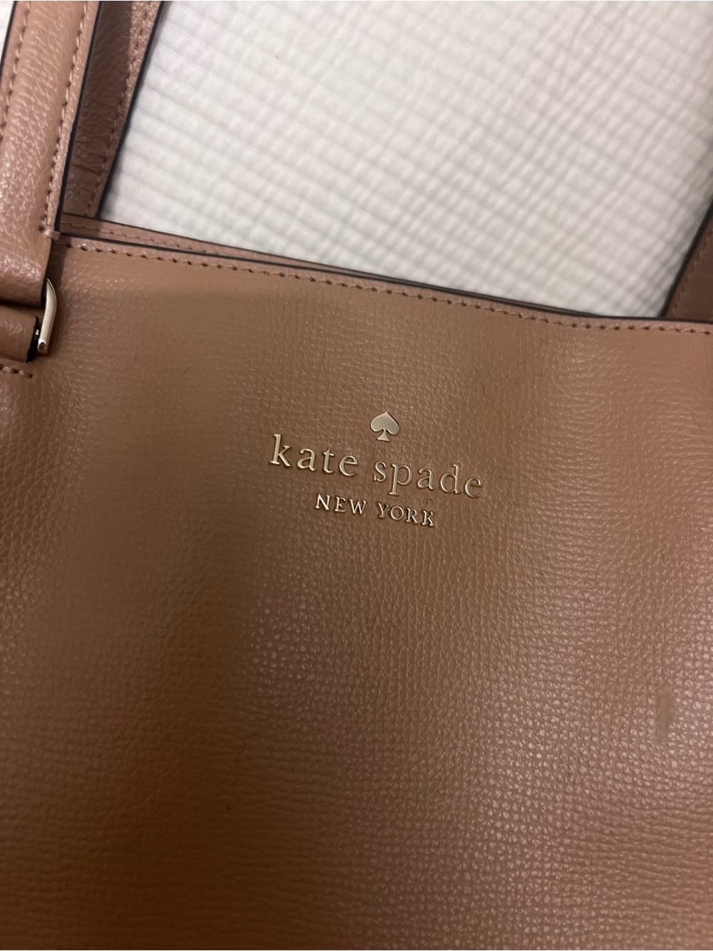 kate spade New York blush tan leather tote with gold logo